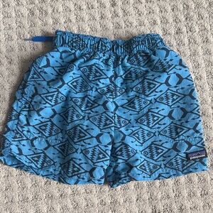 Patagonia Boys Blue Swim Trunks with Black Fish Print